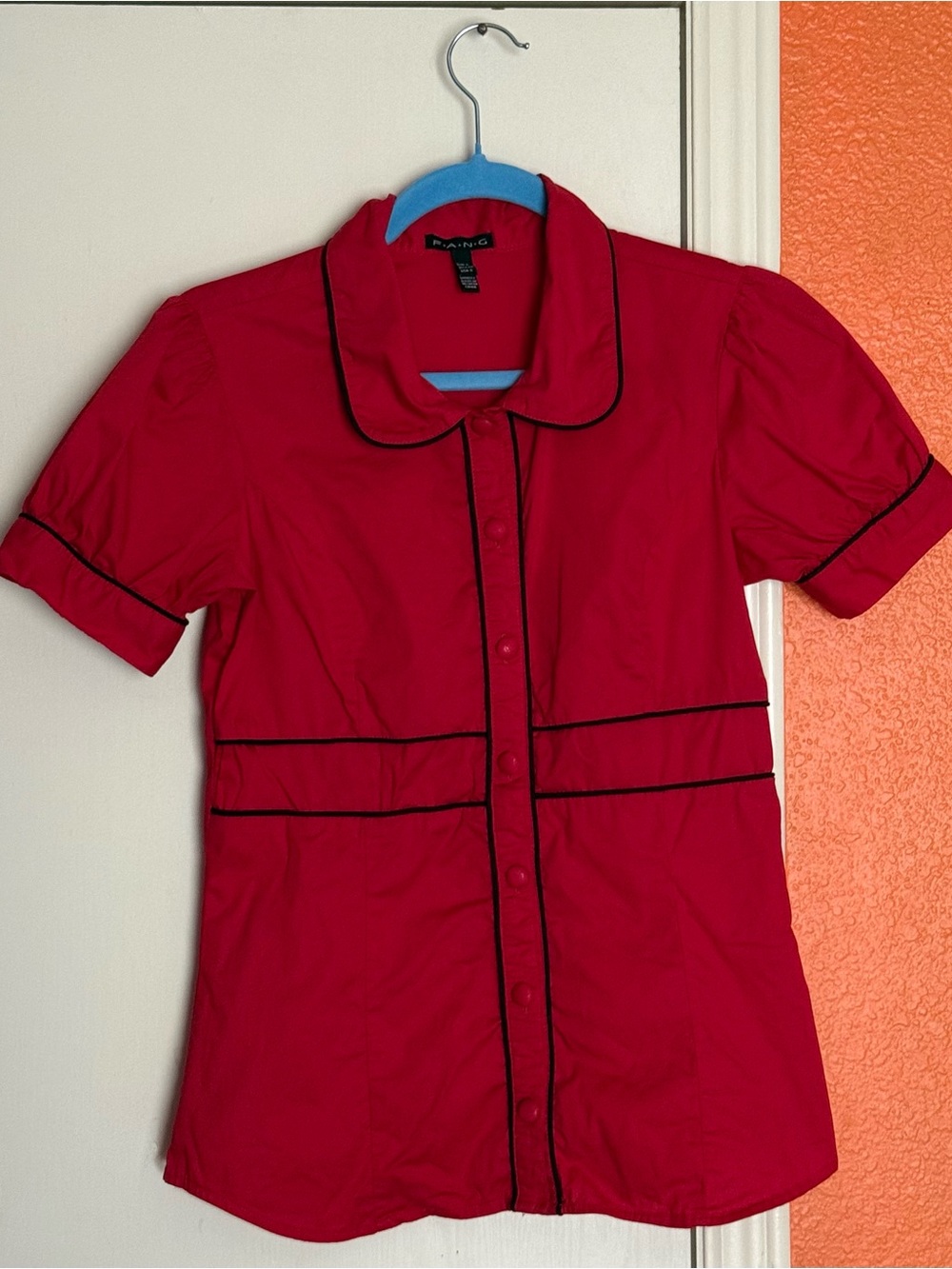 FANG Red Top Blouse With Black Trim